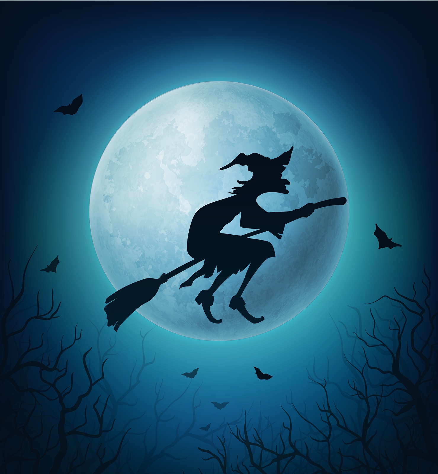 Witch flying on broom in Halloween horror night sky. Black silhouette of evil woman on broomstick against full moon, bats and spooky tree branches. Halloween autumn holiday vector theme