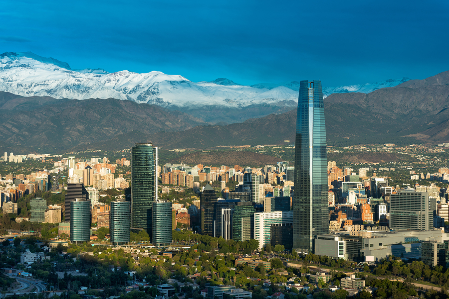 Skyline of Santiago de Chile with modern office buildings at financial district in Las Condes.