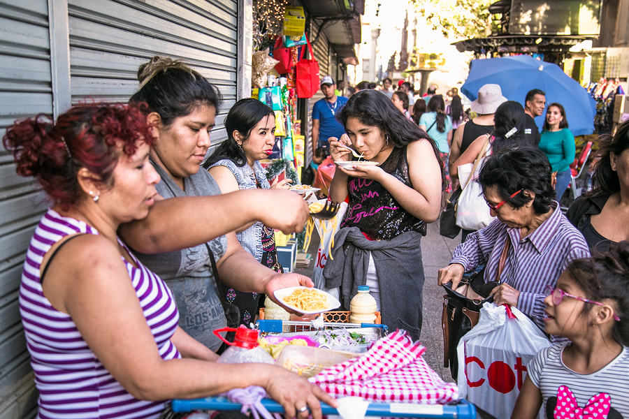Santiago, Chile- Dec 29, 2018:  Street food on plaza de Armas in Santiago de Chile. It's the main square of city.