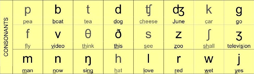 Las consonantes están dispuestas de manera similar en la tabla fonética. 